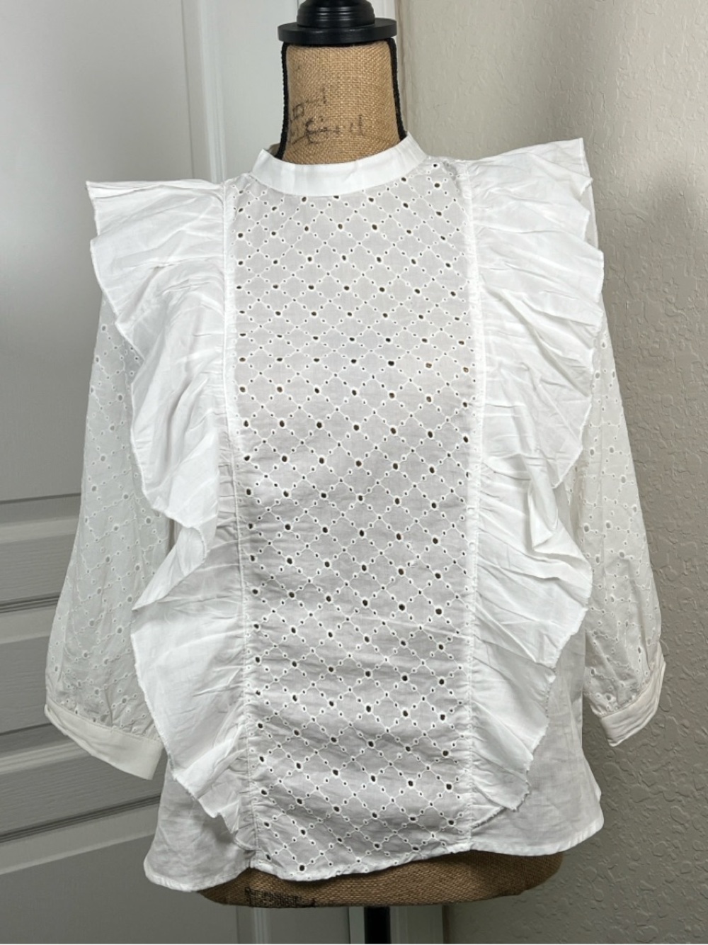 White Eyelet Ruffle Front Women's Top